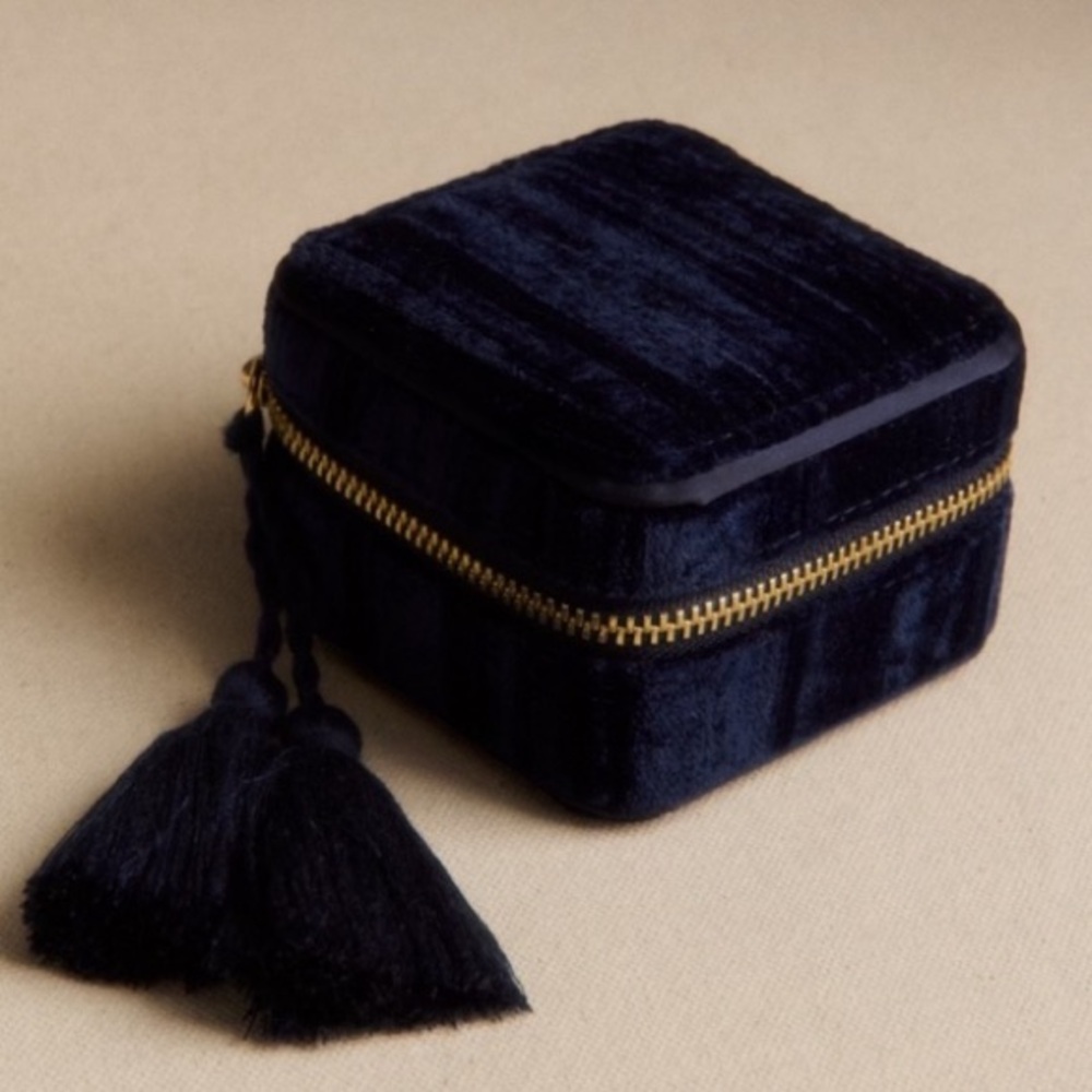Sezane Navy Blue Embossed Velvet Jewelry Box with Tassel